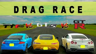 Nissan GTR R35 vs Mercedes AMG GTS vs Stage 1 Audi TTRS, when it rains it pours. Drag and Roll Race.