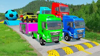 Double Flatbed Trailer Truck vs Speedbumps Train vs Cars | Tractor vs Train Beamng.Drive 010