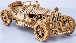 Satisfying Build ROBOTIME V8 Grand Prix Car MC401 3D Wood Model Assemble - Wooden Puzzle