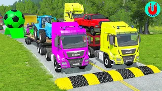 Double Flatbed Trailer Truck vs Speedbumps Train vs Cars | Tractor vs Train Beamng.Drive 98