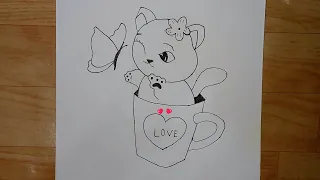 How to Draw a Baby kitten inside love cup playing with Butterfly Taposhi arts Academy simple drawing