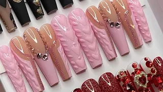 How to make cute pink EXTRA LONG PRESS ON NAILS | GLAM PINK VALENTINES DAY NAILS