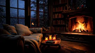 Cozy Winter Reading Nook with Warm Fireplace & Snowfall ⛄ Smooth Jazz Music and for Stress Relief