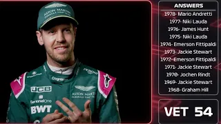 Vettel names every F1 World Champion from 1950 to 2020. He's a walking F1 wikipedia.