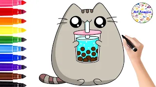 How To Draw Pusheen Cat Drinking Boba | Drawing Easy Step by Step | Pusheen Cat | Art Famiya