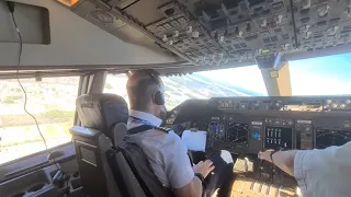 (Cockpit view) BOEING 747 TAKEOFF FROM HOUSTON AIRPORT. Sharp left turn after liftoff