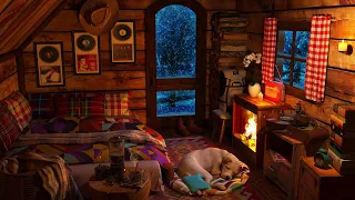 Расслабляющие звуки камина в уютном зимнем домике | Собака спит под снегопад и звуки камина