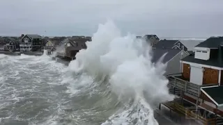 02-02-2021 Scituate, MA - Drone shots of massive waves crash into homes, flooded and damaged homes,