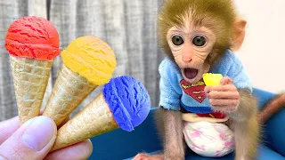 Monkey Baby BonBon Goes to the Market to Eat Ice Cream with a Cute Puppy at the Garden - Crew BonBon