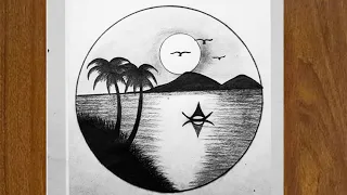 circle pencil drawing easy sunset scenery||sunset drawing step by step for beginners||easy art||