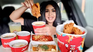 FIRST TIME TRYING JOLLIBEE MUKBANG! Spicy Chicken Joy, Palabok, Jolly Spaghetti | Filipino Food