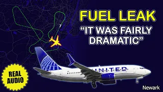 FUEL LEAK in flight. United Boeing 737 declared an emergency and returns to Newark Airport. Real ATC