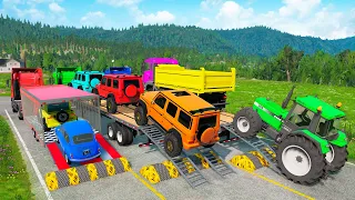 Flatbed Trailer Cars Transportation with Truck - Speedbumps vs Cars vs Train - BeamNG.Drive #18