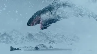 A shark burst out of the snow, and the snow monster caught the giant shark and ate it!