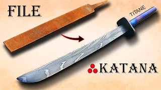 Making a beautiful Katana with a feather damascus blade and titaniumm handle from an old file !!!