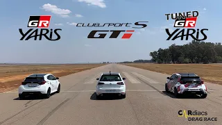 TOYOTA GR YARIS vs VW GOLF GTI CLUBSPORT S vs SLIGHTLY TUNED GR YARIS!!! CARdiacs DRAG RACE videos!