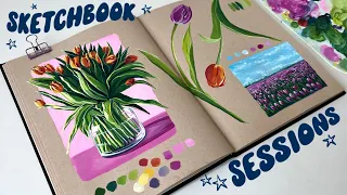 filling a sketchbook spread with gouache 🌷 relaxing paint with me and art chats