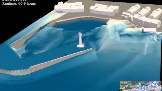 Interaction of large wave with real harbour using 100M with DualSPHysics (SPH on GPU)