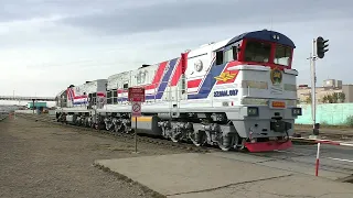 Diesel locomotives in Mongolia at Ulaanbaatar Railway Station. Railway is working well. Trains