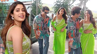 Janhvi Kapoor Gorgeous In Neon Green Saree and Sequin Blouse at Mr and Mrs Mahi Promotions
