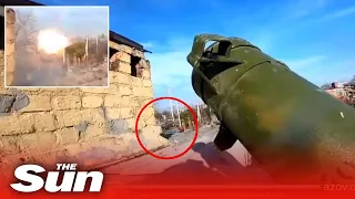 Moment Azov fighter ambushes Russian BMP in Mariupol, Ukraine