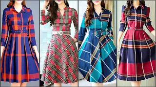 Winter Casual Check Print Office Wear Belt Scatter dresses/Short Frock design Ideas/Shift dresses