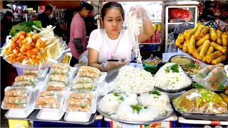 Popular Snacks at Central market! Spring Rolls, Noodle Cut, Papaya Salad | Cambodian Street Food