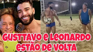 Gusttavo Lima joga futevôlei com Leonardo e amigos na fazenda