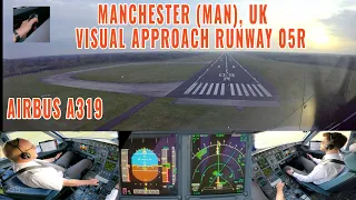 Manchester (MAN) Early Morning visual approach and landing runway 05R Airbus Cockpit and pilots view