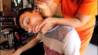 ASMR Strong Massage by Experienced Lady Barber with neck cracking in Thailand Barber shop