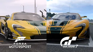 Forza Motorsport 2023 vs Gran Turismo 7 Comparison Graphics & Sound- Catalunya, Thick Cloud, Mclaren