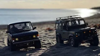 1/10 Scale Range Rover Classic and Defender d90 enjoys a Swedish beach and trail.