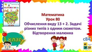 Математика 1 клас Урок 80 Обчислення виду 13 + 2. Задачі різних типів з одним сюжетом. Листопад