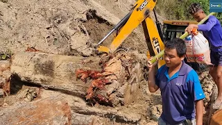 Mountain Landslide Blocked Road Clearing with JCB Backhoe