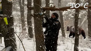 Winter Camping without tent -10°C in snow storm - Natural Shelter, Survival, Bushcraft, Primitive