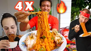 4 X Spicy FIRE RAMEN Challenge 🔥🥵 EXTRA THAI CHILIES🌶️ @thefoodranger @BestEverFoodReviewShow​