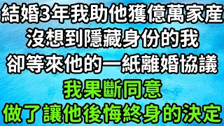 結婚3年我助他獲億萬家産，沒想到隱藏身份的我，卻等來他的一紙離婚協議，我果斷同意，做了個讓他後悔終身的決定！#枫林晚霞#中老年幸福人生#為人處世#生活經驗#情感故事#花开富贵