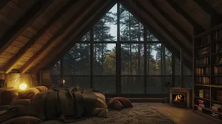 Rainy Day in the Forest, Cozy Bedroom with Crackling Fireplace