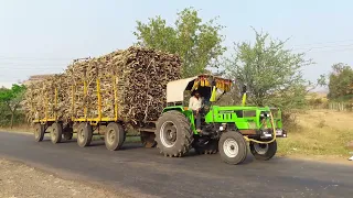 Arjun novo 605di & DEUTZ- FAHR tractor pulling loaded Sugar cane trolley | Sugar cane load