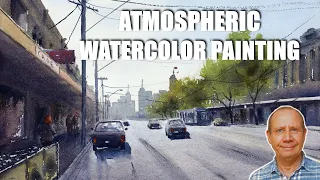 Atmospheric watercolor street scene painting. Aerial perspective, buildings, cars, figures, roads.