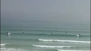 Three surfers gliding through the morning mist at Muizenberg. From live stream webcam surfers corner