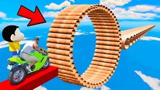 SHINCHAN AND FRANKLIN TRIED IMPOSSIBLE ROUND PIPE BRIDGE  BIKE PARKOUR CHALLENGE GTA 5