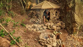 Build A STONE-FRAME CAMPING With Wood Rood Heavy Raining FROM START TO FINSIH