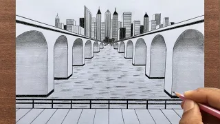 How to Draw Town and Bridge in 1 Point Perspective