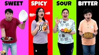 SWEET SPICY SOUR BITTER | Funny eating challenge with family | Aayu and Pihu Show