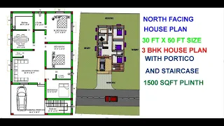 30 x 50 North Facing 3BHK House Plan with Staircase Portico and Puja room.