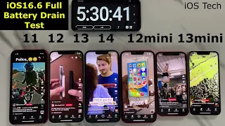 iOS16.6 Full Battery Drain Test - iPhone 11 vs 12 vs 13 vs 14 vs 12mini vs 13mini Battery Drain Test