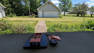 Venture Aero-Marine Challenger 1 wooden RC Hovercraft from the 1980's over grass at FULL THROTTLE