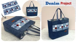 diy tote bag from old jeans , patchwork tote bag tutorial, sewing diy a denim tote bag tutorial.