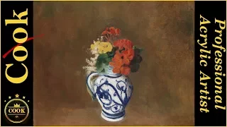 Flowers in a Vase with Blue Decoration Beginning Acrylic Painting Tutorial